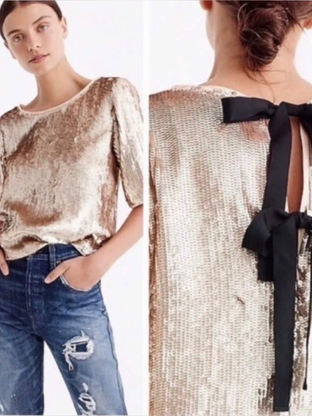 J Crew Rose Gold Sequins Top Bow Back Cropped Blouse Size 10 Party Holiday